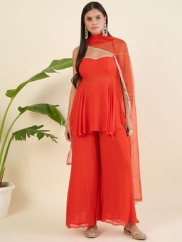 Aritri - Women Regular Sequinned Orange Kurta with Palazzo and Dupatta