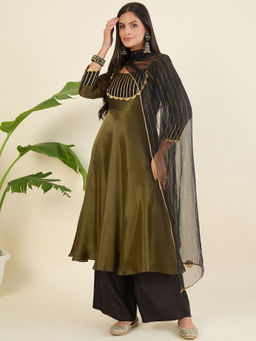 Aritri - Women Regular Gotta Patti Olive Kurta with Palazzo and Dupatta