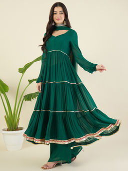 Aritri - Women Tiered Gotta Patti Chanderi Cotton Green Kurta with Palazzo and Dupatta