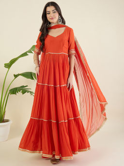 Aritri - Women Tiered Gotta Patti Chanderi Cotton Orange Kurta with Pant and Dupatta