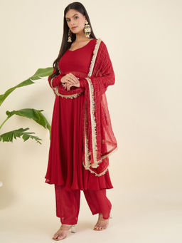 Aritri - Women Regular Thread Work Red Kurta with Palazzo and Dupatta