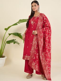Aritri - Women Ethnic Motifs Regular Pure Silk Red Kurta with Pant and Dupatta