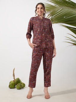 Silver Lime - Floral Printed Brown Mandarin Neck Co-Ord Set