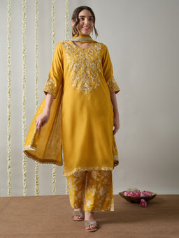 Silver Lime - A-Line Embroidered Yoke Brocade Gold Kurta with Pant and Dupatta