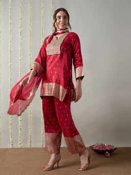 Silver Lime - Brocade Short Red Kurta with Straight Pants and Dupatta