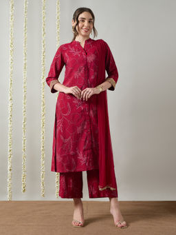 Silver Lime - Floral Printed Pink Kurta with Straight Pant and Dupatta