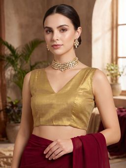 SALWAR STUDIO - Gold V-Neck Solid Tissue Readymade Saree Blouse