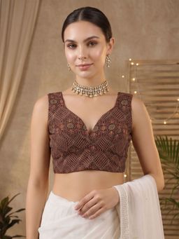 SALWAR STUDIO - Maroon Cotton Ajrak Printed Sleeveless Readymade Saree Blouse