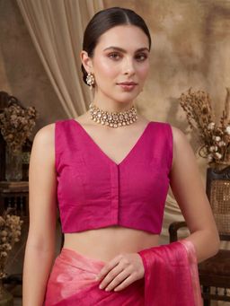 SALWAR STUDIO - Pink V-Neck Solid Cotton Readymade Saree Blouse