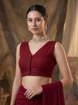 SALWAR STUDIO - Maroon V-Neck Solid Cotton Readymade Saree Blouse