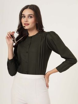 Style Quotient - Women Olive Solid Polycotton Regular Shirt