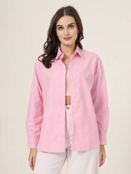 Style Quotient - Women Pink Stripe Smart Casual Oversized Polycotton Shirt