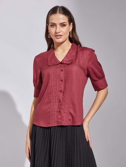 Latin Quarters - Women Maroon Half Sleeves Casual Solid Shirt