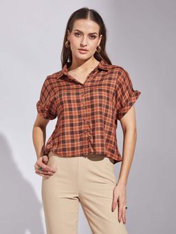 Latin Quarters - Women Brown Half Sleeves Casual Check Shirt