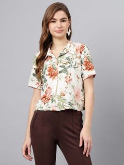 Latin Quarters - Women Off White Short Sleeves Casual Floral Shirt
