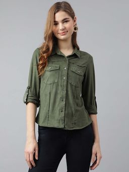 Latin Quarters - Women Green Three Fourth Sleeves Casual Solid Shirt