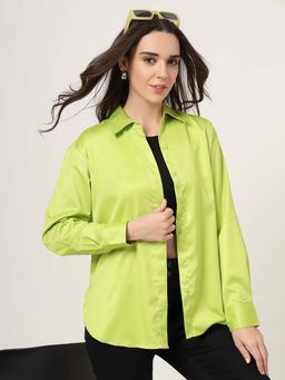 Style Quotient - Women Fluorescent Green Solid Smart Casual Oversized Satin Shirt