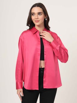Style Quotient - Women Pink Solid Smart Casual Oversized Satin Shirt