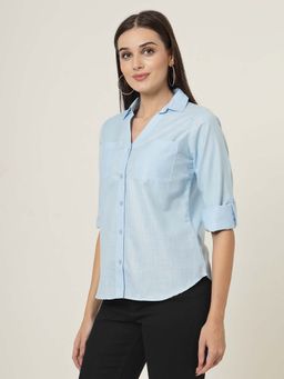 Style Quotient - Women Blue Solid Double Pocket Shirt