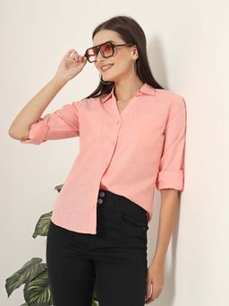 Style Quotient - Women Peach Solid Double Pocket Shirt