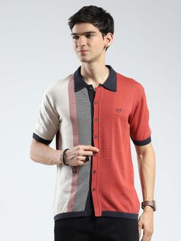 Monte Carlo - Rust Men Self Design Collar Neck Polo T-Shirt