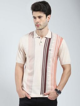 Monte Carlo - Beige Men Self Design Collar Neck Polo T-Shirt