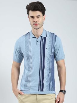 Monte Carlo - Blue Men Self Design Collar Neck Polo T-Shirt