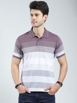 Monte Carlo - Mauve Men Striped Collar Neck Polo T-Shirt