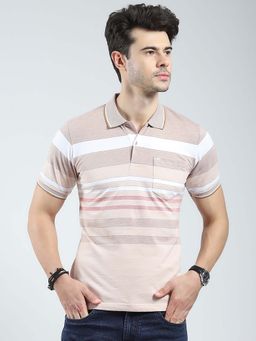 Monte Carlo - Beige Men Striped Collar Neck Polo T-Shirt