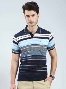 Monte Carlo - Navy Blue Men Striped Collar Neck Polo T-Shirt