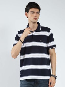 Monte Carlo - Navy Blue Men Striped Collar Neck Polo T-Shirt