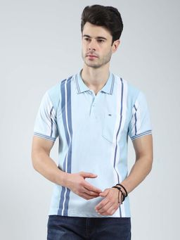 Monte Carlo - Blue Men Striped Collar Neck Polo T-Shirt