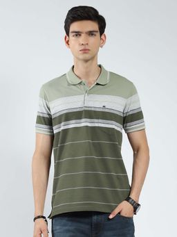 Monte Carlo - Olive Men Striped Collar Neck Polo T-Shirt