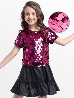 Hola Bonita - Purple Polyester Half Sleeves Embellished/Sequined Top with Skirt