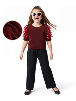 Hola Bonita - Red Polyester Half Sleeves Embellished/Sequined Top with Pant