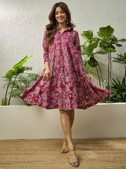 InWeave - Burgundy Big Jaal Print Flared Knee Length Dress