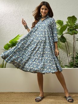 InWeave - Powder Blue Ikkat Print Flared Knee Length Dress