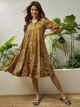 InWeave - Dark Mustard Rose Flared Knee Length Dress