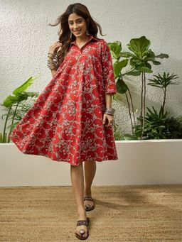 InWeave - Red Leaf Jaal Print Flared Knee Length Dress