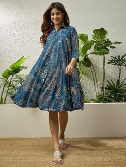 InWeave - Peacock Teal Rose Flared Knee Length Dress