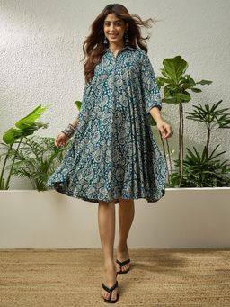 InWeave - Slaty Grey Paisley Print Flared Knee Length Dress