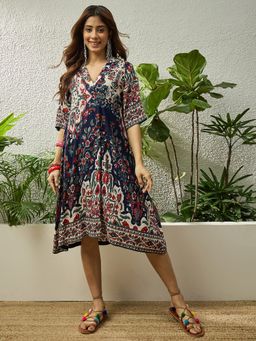 InWeave - Offwhite Multi Floral Collar Knee Length Dress