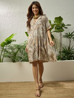 InWeave - Beige Paisley Flower Collar Knee Length Dress
