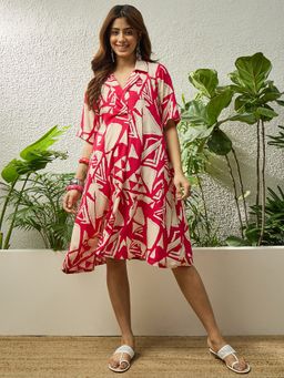 InWeave - Pink Tribal Print Collar A Line Dress