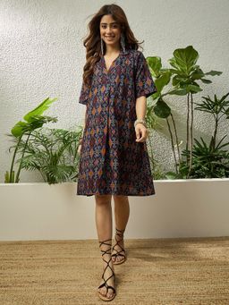 InWeave - Navy Blue Khadi Print Collar A Line Dress
