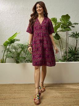 InWeave - Wine Patola Ikkat Collar A Line Dress