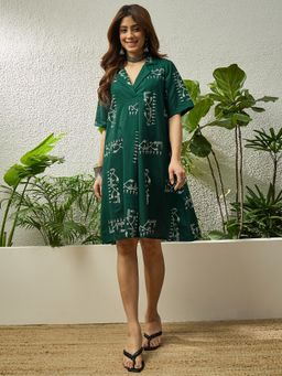 InWeave - Dark Green Khadi Print Collar A Line Dress