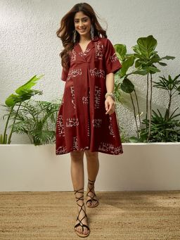 InWeave - Rust Khadi Print Collar A Line Dress