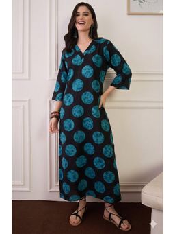 InWeave - Black Blue Round V-Neck A Line Maxi Dress