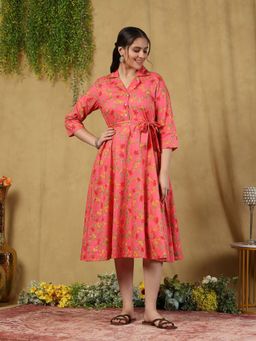 Garden VARELI - Pink Floral Printed Cotton A-Line Dress with Belt